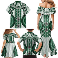 Bula Fiji Vintage Family Matching Mermaid Dress and Hawaiian Shirt Phthalo Green Masi Motifs