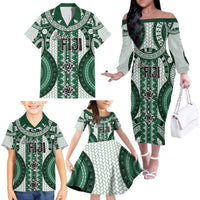 Bula Fiji Vintage Family Matching Off The Shoulder Long Sleeve Dress and Hawaiian Shirt Phthalo Green Masi Motifs