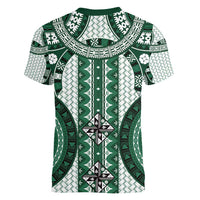 Bula Fiji Vintage Women V-Neck T-Shirt Phthalo Green Masi Motifs