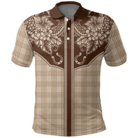 Hawai'i Paniolo Motif Leather Brown Polo Shirt Floral Palaka Print LT7 Brown - Polynesian Pride