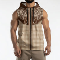 Hawai'i Paniolo Motif Leather Brown Sleeveless Zip Hoodie Floral Palaka Print LT7 - Polynesian Pride