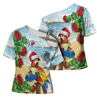 Have A Very Beach Christmas Cross Shoulder Shirt Parrot By Lehua Flower - Polynesian Pride