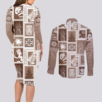 Hawaii Christmas Retro Patchwork Couples Matching Long Sleeve Bodycon Dress and Long Sleeve Button Shirt Brown LT7 - Polynesian Pride