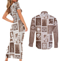 Hawaii Christmas Retro Patchwork Couples Matching Short Sleeve Bodycon Dress and Long Sleeve Button Shirt Brown LT7 - Polynesian Pride