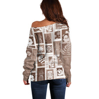 Hawaii Christmas Retro Patchwork Off Shoulder Sweater Brown LT7 - Polynesian Pride