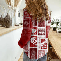 Hawaii Christmas Retro Patchwork Women Casual Shirt Red LT7 - Polynesian Pride
