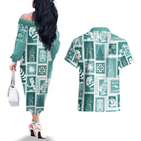 Hawaii Christmas Retro Patchwork Couples Matching Off The Shoulder Long Sleeve Dress and Hawaiian Shirt Teal LT7 - Polynesian Pride