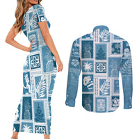 Hawaii Christmas Retro Patchwork Couples Matching Short Sleeve Bodycon Dress and Long Sleeve Button Shirt Aquamarine LT7 - Polynesian Pride