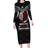 Maori Hongi Toitu Te Tiriti Long Sleeve Bodycon Dress Tangata Tiriti Stand With Tangata Whenua LT7 Long Dress Black - Polynesian Pride