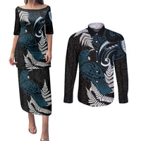 New Zealand Tui Bird Couples Matching Puletasi and Long Sleeve Button Shirt Maori Kowhaiwhai