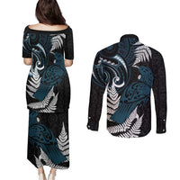 New Zealand Tui Bird Couples Matching Puletasi and Long Sleeve Button Shirt Maori Kowhaiwhai