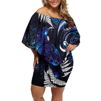 New Zealand Maori Matariki Family Matching Off Shoulder Short Dress and Hawaiian Shirt Tui Bird Galaxy