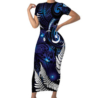 New Zealand Maori Matariki Family Matching Short Sleeve Bodycon Dress and Hawaiian Shirt Tui Bird Galaxy
