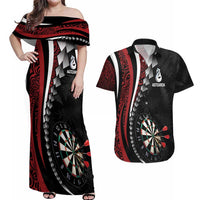 Personalized New Zealand Darts Couples Matching Off Shoulder Maxi Dress and Hawaiian Shirt Kowhaiwhai Whero Koiri - Manaia
