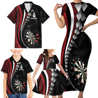 Personalized New Zealand Darts Family Matching Short Sleeve Bodycon Dress and Hawaiian Shirt Kowhaiwhai Whero Koiri - Manaia