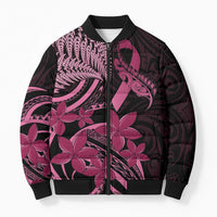 Aotearoa Maori Bomber Puffer Jacket Pink Fern Ribbons on Black - Polynesian Pride
