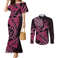 Aotearoa Maori Couples Matching Mermaid Dress and Long Sleeve Button Shirt Pink Fern Ribbons on Black - Polynesian Pride