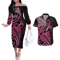 Aotearoa Maori Couples Matching Off The Shoulder Long Sleeve Dress and Hawaiian Shirt Pink Fern Ribbons on Black - Polynesian Pride