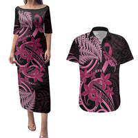 Aotearoa Maori Couples Matching Puletasi and Hawaiian Shirt Pink Fern Ribbons on Black - Polynesian Pride