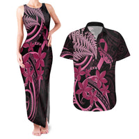 Aotearoa Maori Couples Matching Tank Maxi Dress and Hawaiian Shirt Pink Fern Ribbons on Black - Polynesian Pride