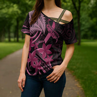 Aotearoa Maori Cross Shoulder Shirt Pink Fern Ribbons on Black - Polynesian Pride