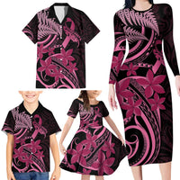 Aotearoa Maori Family Matching Long Sleeve Bodycon Dress and Hawaiian Shirt Pink Fern Ribbons on Black LT7 - Polynesian Pride