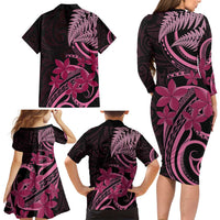 Aotearoa Maori Family Matching Long Sleeve Bodycon Dress and Hawaiian Shirt Pink Fern Ribbons on Black LT7 - Polynesian Pride