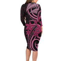 Aotearoa Maori Family Matching Long Sleeve Bodycon Dress and Hawaiian Shirt Pink Fern Ribbons on Black LT7 - Polynesian Pride
