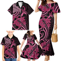 Aotearoa Maori Family Matching Mermaid Dress and Hawaiian Shirt Pink Fern Ribbons on Black LT7 - Polynesian Pride