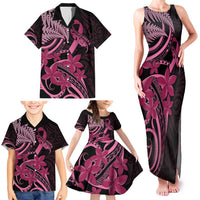 Aotearoa Maori Family Matching Tank Maxi Dress and Hawaiian Shirt Pink Fern Ribbons on Black - Polynesian Pride