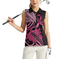 Aotearoa Maori Women Sleeveless Polo Shirt Pink Fern Ribbons on Black - Polynesian Pride