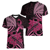 Aotearoa Maori Women V-Neck T-Shirt Pink Fern Ribbons on Black - Polynesian Pride