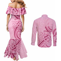 Aotearoa Maori Couples Matching Mermaid Dress and Long Sleeve Button Shirt Pink Fern Ribbons - Polynesian Pride