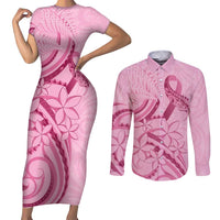 Aotearoa Maori Couples Matching Short Sleeve Bodycon Dress and Long Sleeve Button Shirt Pink Fern Ribbons - Polynesian Pride