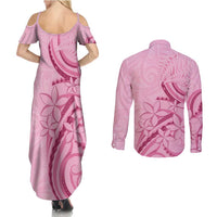 Aotearoa Maori Couples Matching Summer Maxi Dress and Long Sleeve Button Shirt Pink Fern Ribbons - Polynesian Pride