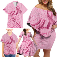 Aotearoa Maori Family Matching Off Shoulder Short Dress and Hawaiian Shirt Pink Fern Ribbons - Polynesian Pride