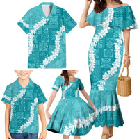 Hawaii Aloha Family Matching Mermaid Dress and Hawaiian Shirt Teal Quilt Patch Work Mix Plumeria Lei