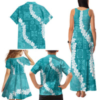 Hawaii Aloha Family Matching Tank Maxi Dress and Hawaiian Shirt Teal Quilt Patch Work Mix Plumeria Lei