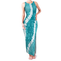 Hawaii Aloha Family Matching Tank Maxi Dress and Hawaiian Shirt Teal Quilt Patch Work Mix Plumeria Lei