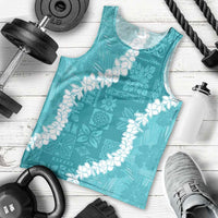 Hawaii Aloha Men Tank Top Teal Quilt Patch Work Mix Plumeria Lei