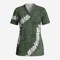 Hawaii Aloha Scrub Top Sage Quilt Patch Work Mix Plumeria Lei - Polynesian Pride