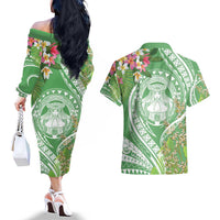 Aloha Molokai Island Couples Matching Off The Shoulder Long Sleeve Dress and Hawaiian Shirt Hawaii Pua Kukui