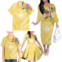 Aloha Hawaii Oahu Family Matching Off The Shoulder Long Sleeve Dress and Hawaiian Shirt Wahine with Ilima Lei