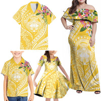Aloha Hawaii Oahu Family Matching Off Shoulder Maxi Dress and Hawaiian Shirt Wahine with Ilima Lei LT7 - Polynesian Pride