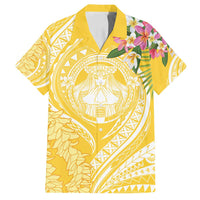 Aloha Hawaii Oahu Family Matching Off Shoulder Maxi Dress and Hawaiian Shirt Wahine with Ilima Lei LT7 Dad's Shirt - Short Sleeve Yellow - Polynesian Pride