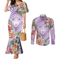 Aloha Hawaii Kauai Couples Matching Mermaid Dress and Long Sleeve Button Shirt Frangipani Mix Mokihana Lei