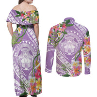 Aloha Hawaii Kauai Couples Matching Off Shoulder Maxi Dress and Long Sleeve Button Shirt Frangipani Mix Mokihana Lei