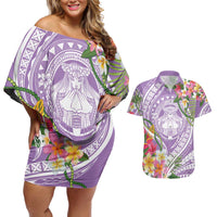 Aloha Hawaii Kauai Couples Matching Off Shoulder Short Dress and Hawaiian Shirt Frangipani Mix Mokihana Lei