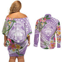 Aloha Hawaii Kauai Couples Matching Off Shoulder Short Dress and Long Sleeve Button Shirt Frangipani Mix Mokihana Lei