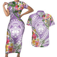 Aloha Hawaii Kauai Couples Matching Short Sleeve Bodycon Dress and Hawaiian Shirt Frangipani Mix Mokihana Lei